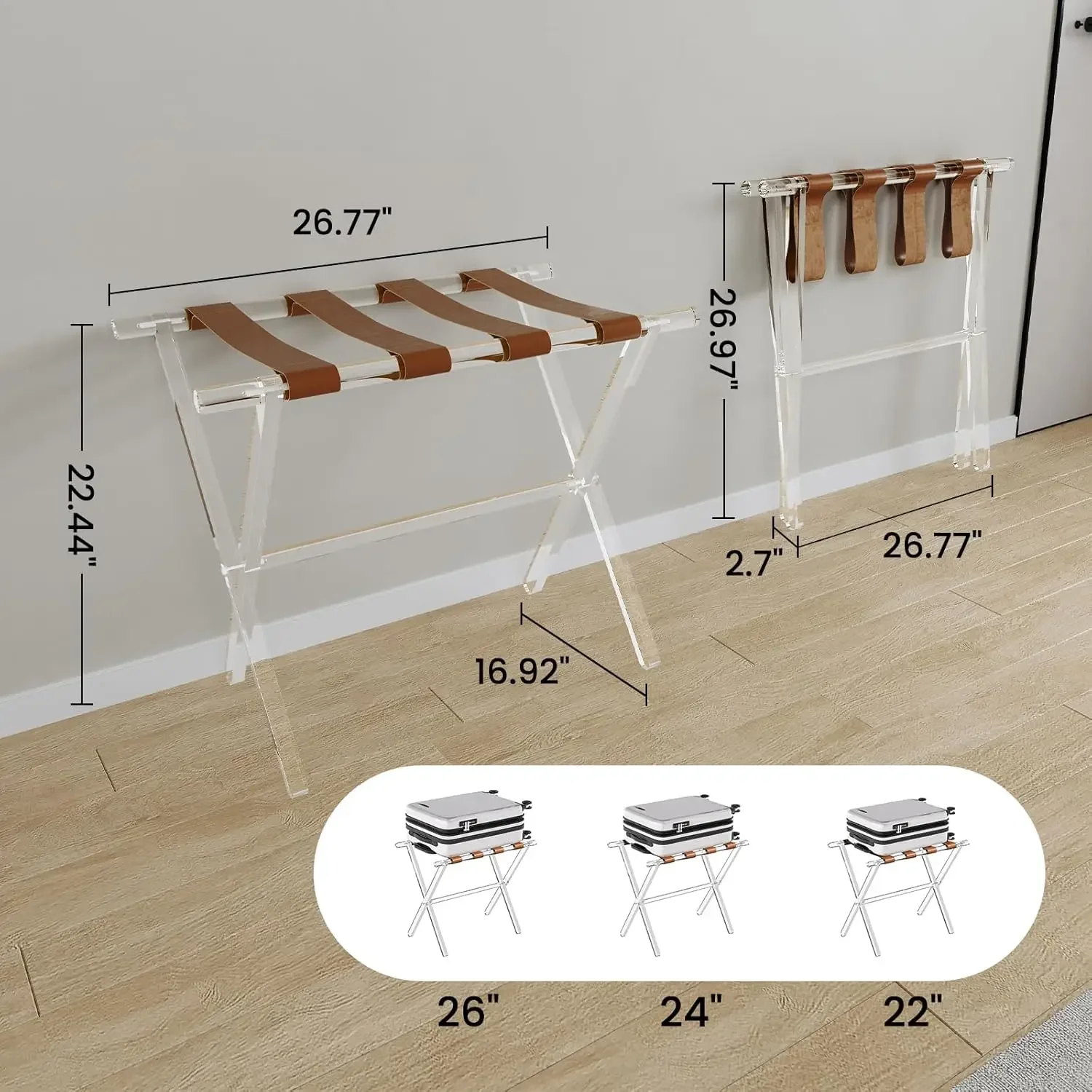 Support de valise de paupières transparent pliable pour chambre à coucher, bagages en acrylique T1 avec sangles en cuir marron, lot de 2