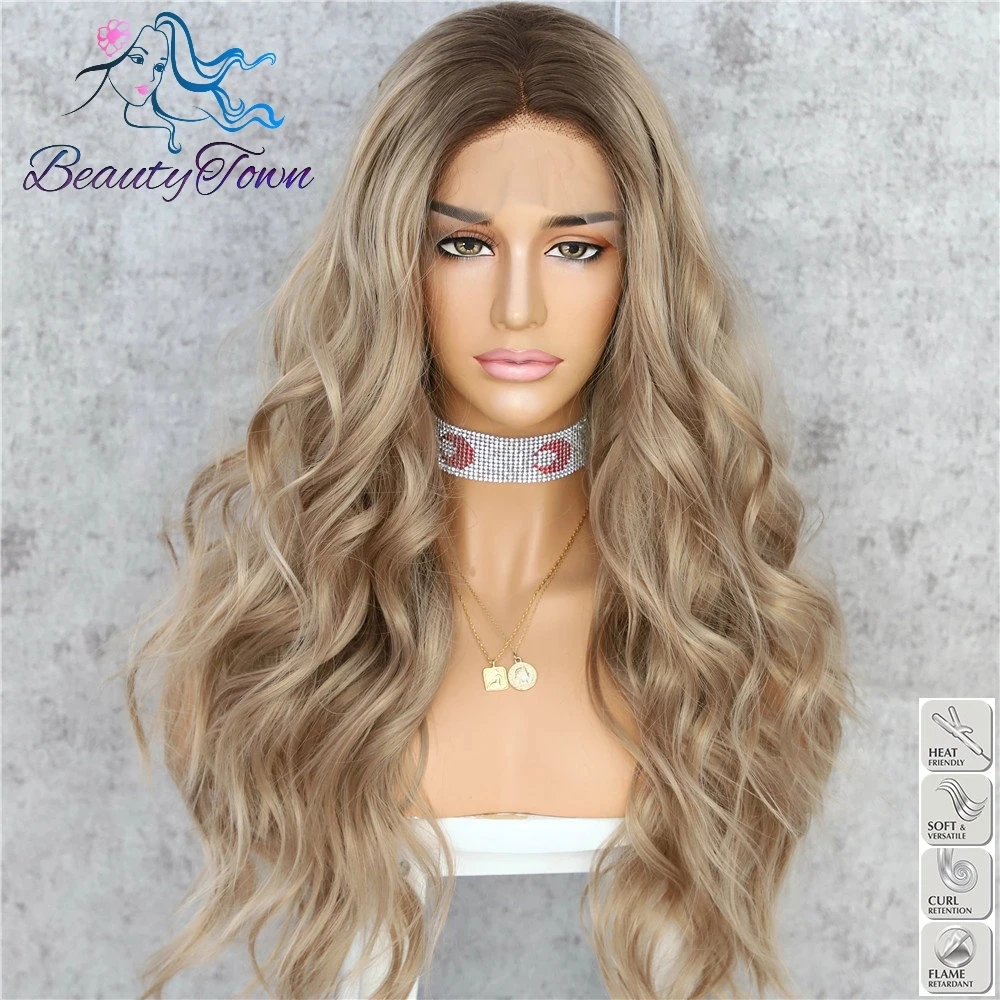 Perruque Lace Front Wig synthétique Body Wave, perruque Lace Wig transparente HD Blonde cendrée, perruque de Cosplay pour fête quotidienne, marron