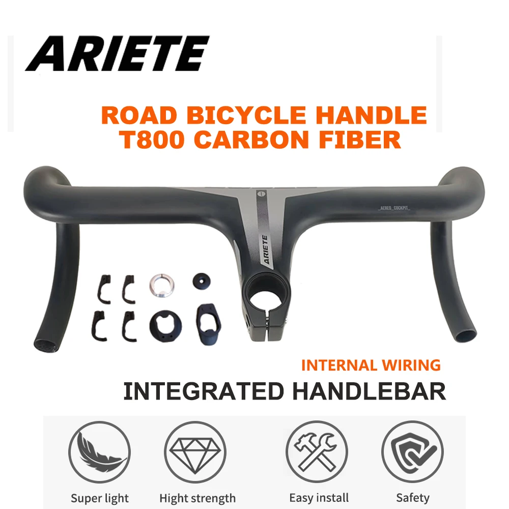 

ARIETE Road Bicycle Handle Carbon Fiber Integrated Handlebar 28.6MM/380~440MM/80~110MM Internal Wiring Bent Bar Bike Accessories