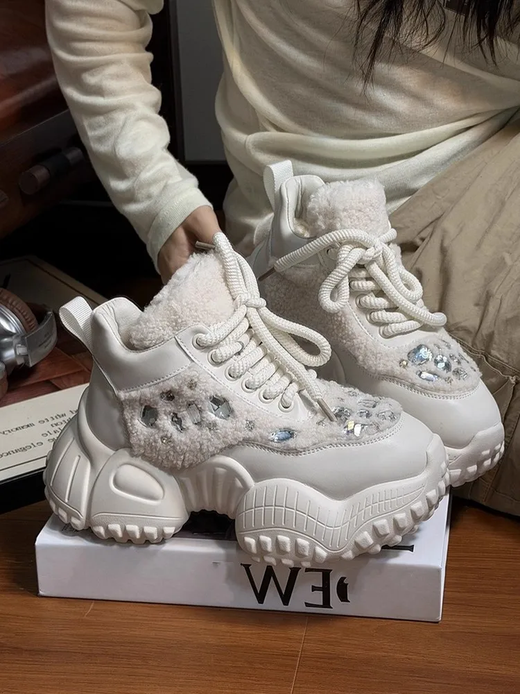 الشتاء النساء منصة سميكة الدافئة الصوف بطانة الرياضة في الهواء الطلق احذية الجري جديد المنخفضة قطع الدانتيل يصل الماس تقسم الركض أحذية رياضية #2