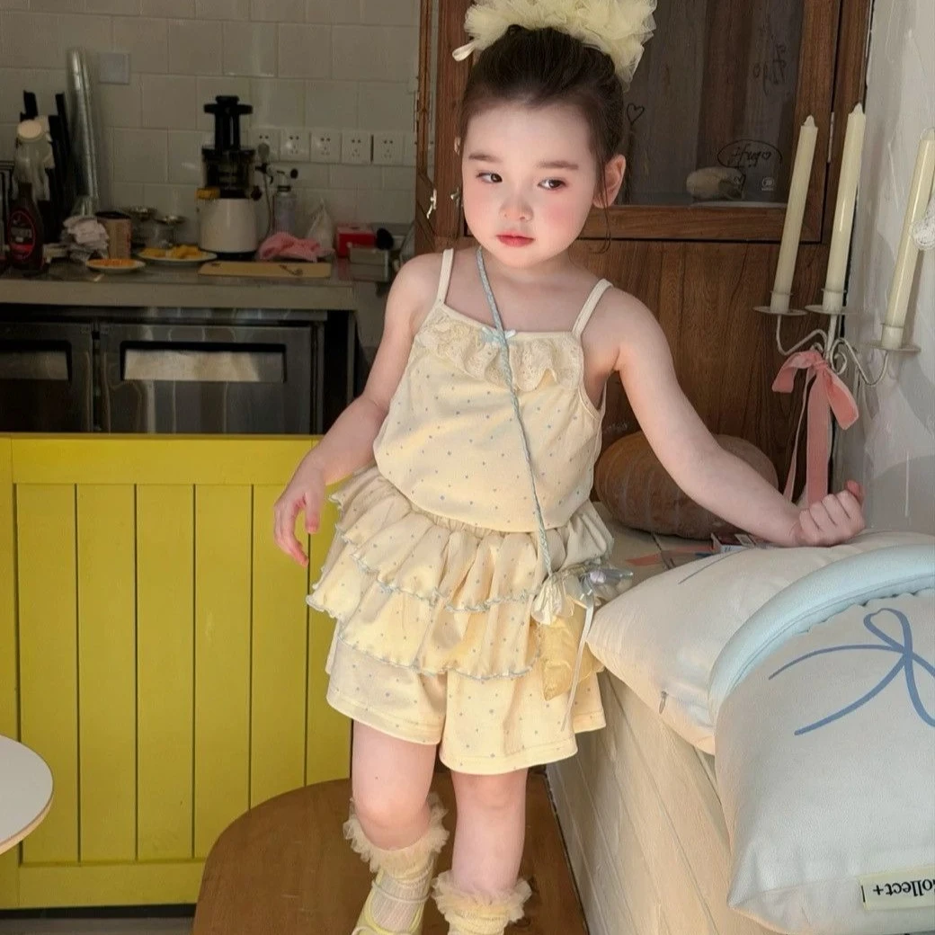 

Girls Set 2026 Spring and Summer New Children's Clothing Korean Style Girl Baby Cute Lace Suspender Fart Curtain Shorts Two Sets