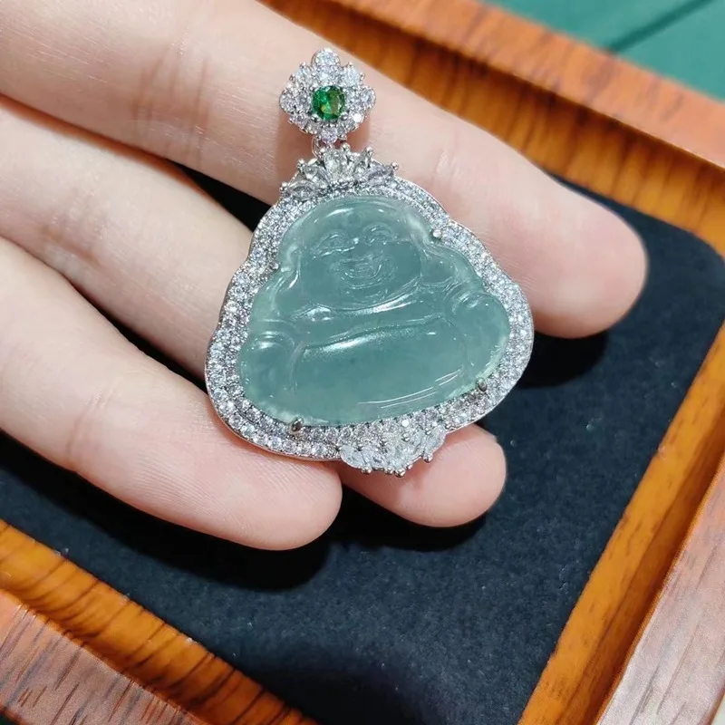 Natural Inlaid Bottom Blue Myanmar A Jade Buddha Ethnic Style Fashion Pendant