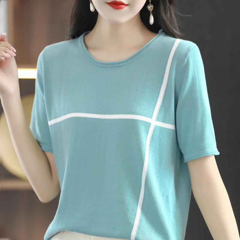 

Summer Ladies Contrast Color Round Neck Sweater T-Shirt Fashion Pure Cotton Comfortable Breathable All-Match Short-Sleeved Top