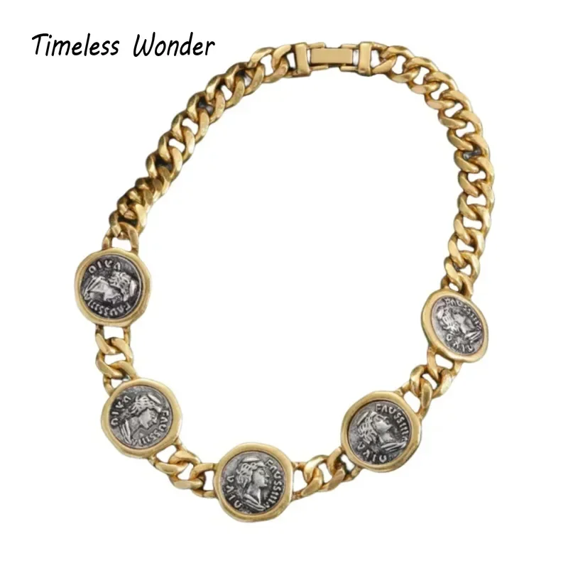 Timeless Wonder Retro Geo Coin Linked Pave Necklaces for Women Designer Jewelry Runway Top Vintage Style Rare Gift Punk 3623