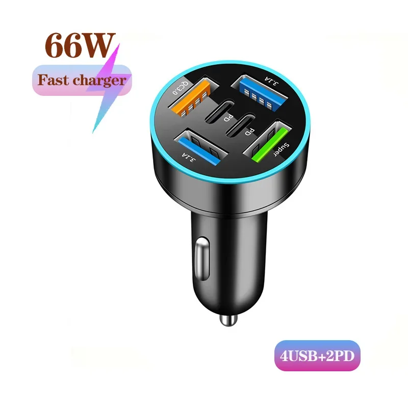 

66W 6Port USB+PD Car Super Fast charger QC30/PD for HUAWEI/IPHONE/SAMSUNG/XIAOMI/VIVO fast charging cigarette lighter adapter