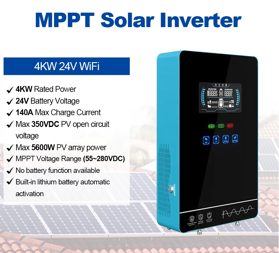 4000W Hybrid Inverter 24V 140A MPPT Solar Charger Pure Sine Wave Inverter for Home 6.25 Inch LCD Display Household