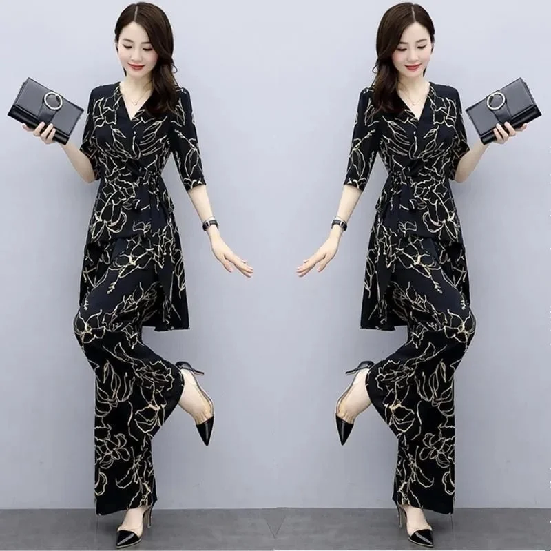 Oversize Women Summer Clothing Set Fashion High Waist Wide Leg Pants & Irregular Hem Tops Two Pieces Suits Good Quality