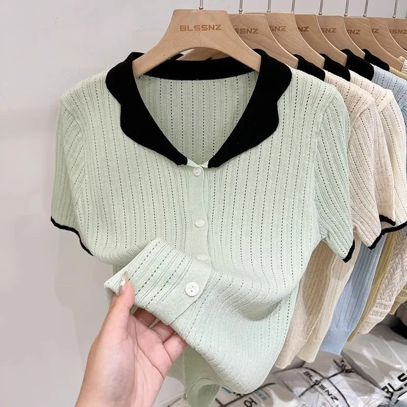 

Women Clothing Soft Fashion V-neck Knitted T-shirt Spring Summer Casual Versatile Knitwear Lady Latest Hot Sale Comfortable Top