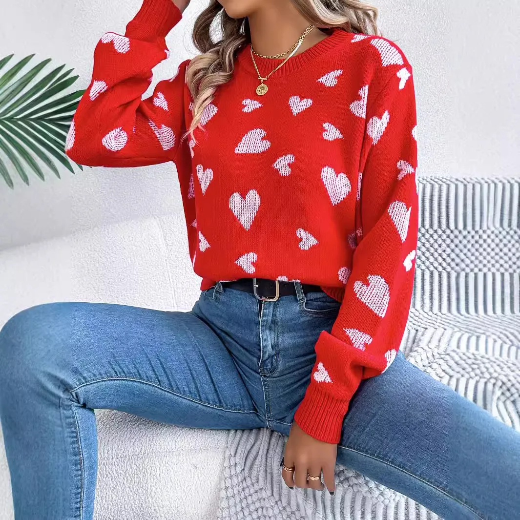 

2025 Autumn Winter Women's Sweater Tops Casual Color-Blocked Heart-Shaped Lantern Sleeve Pullover Sweater Valentine's Day