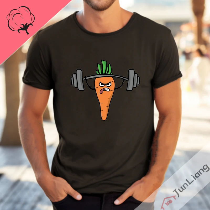 Cute Carrot Weightlifting Streetwear 100% Cotton Funny T Shirts Short Sleeved T-shirt Y2k Clothing Kpop Tops Harajuku Men Tees