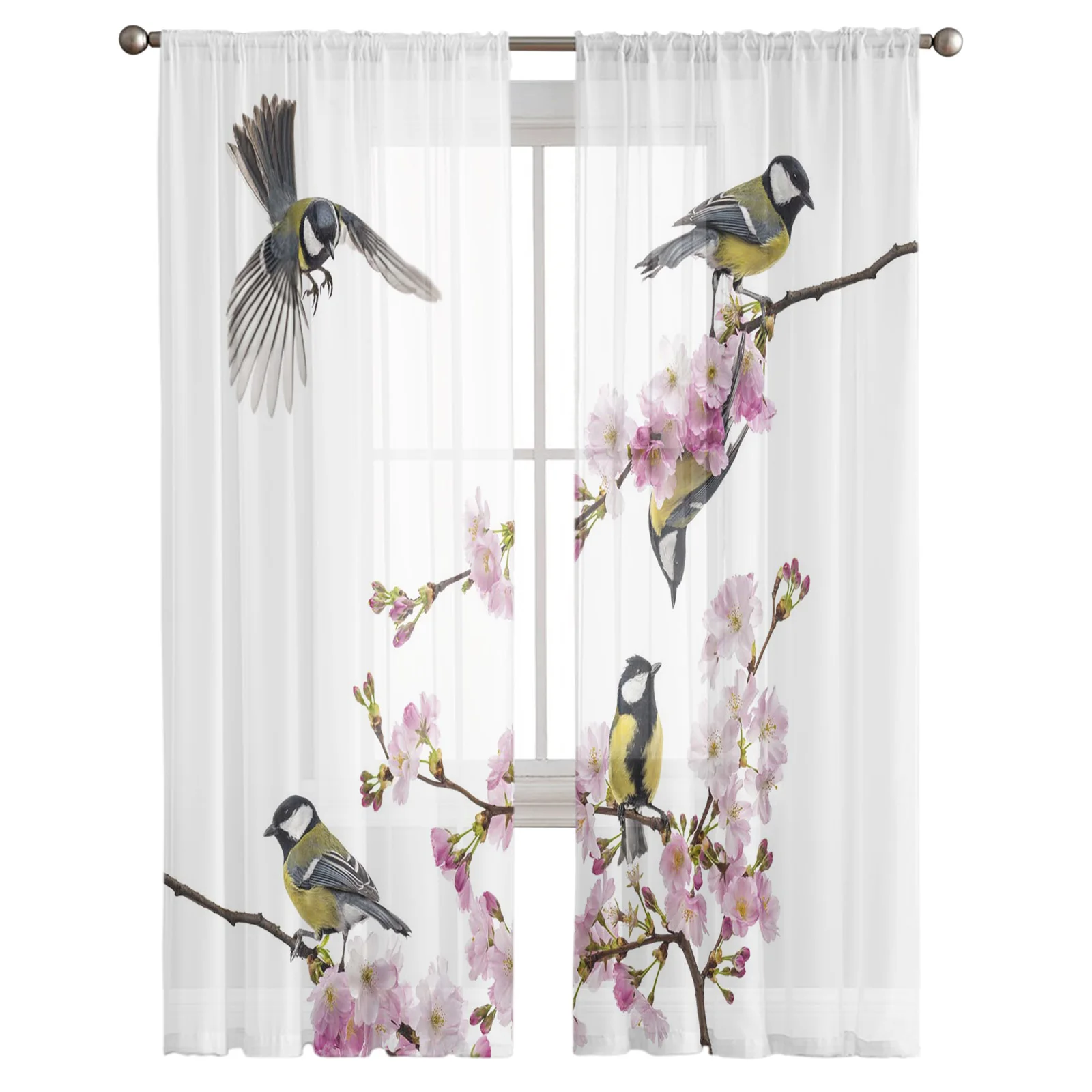 Outdoor Animals Birds Orioles Peach Blossoms Sheer Window Curtains for Living Room Bedroom Girls Room Decoration Tulle Curtains