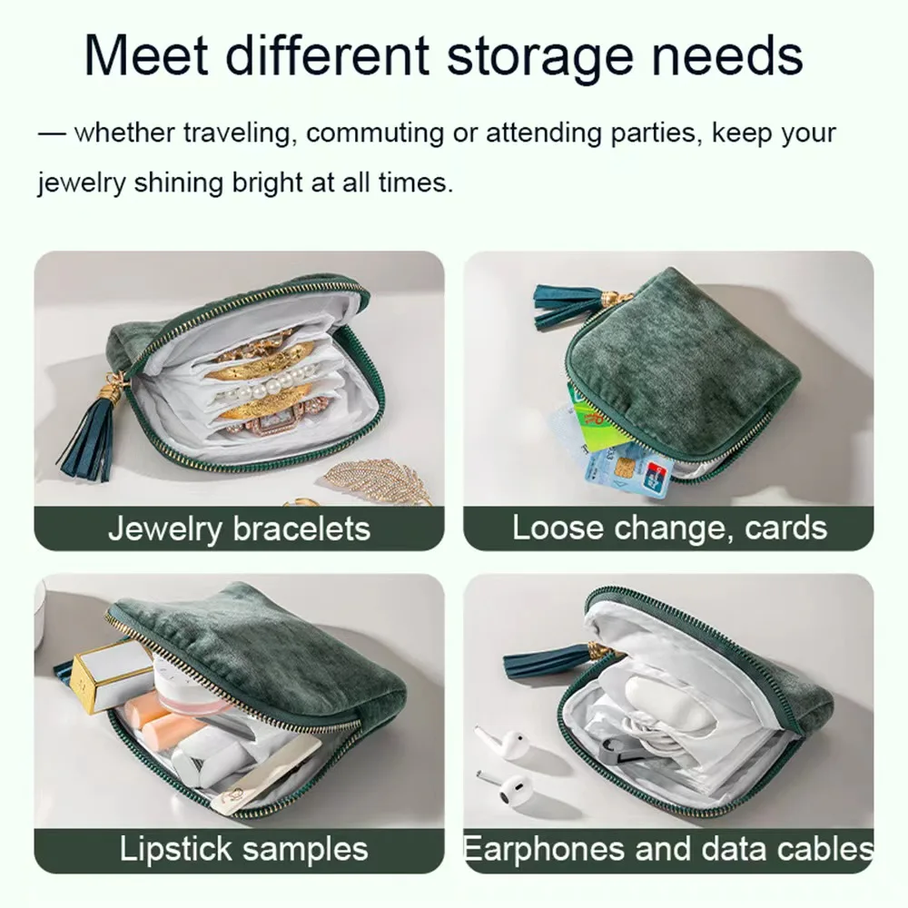 Sac de rangement de bijoux en velours à 5 couches, étui à bijoux de voyage pour bijoux, changement ample, cartes, rouge à lèvres, écouteurs et câbles de données