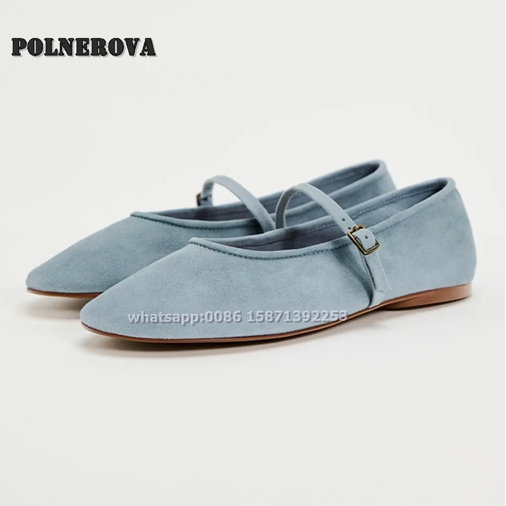 

Blue One Word Buckle Shallow Pumps Round Toe Flat with Solid Casual Mary Janes Concise Comfortable Ballet Shoes 2024 Summer