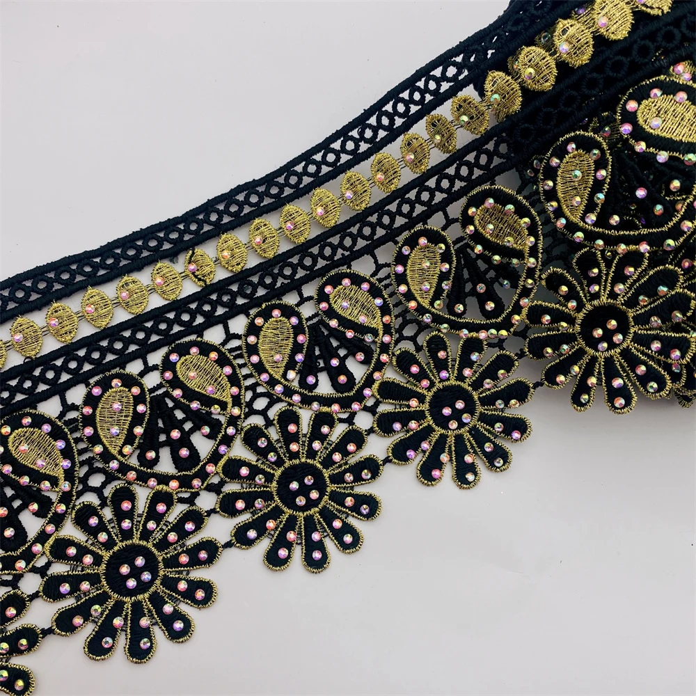 9.5yards 16colors African lace trim with rhinestone Metallic Embroidered Motif Lace Nigeria Venice Trim Wide 12CM