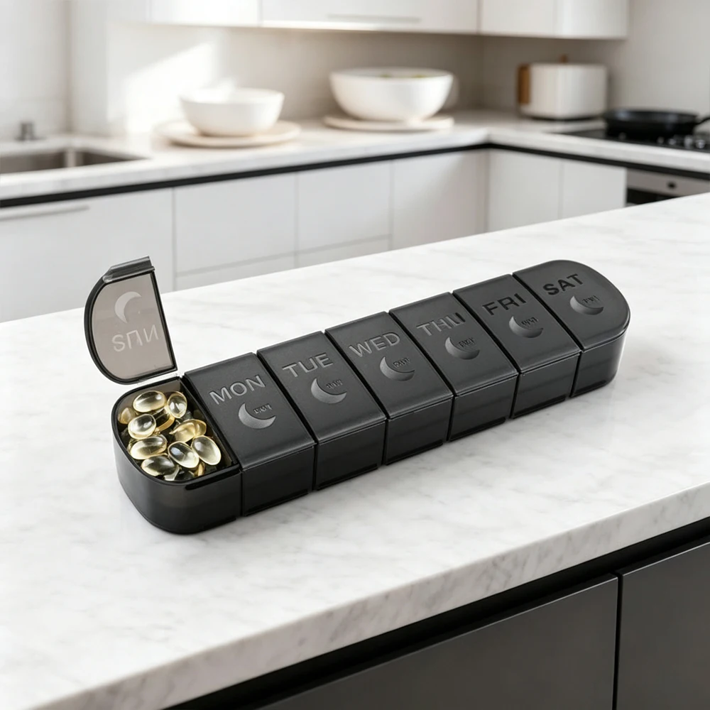Weekly 7 Day Pill Organizer Large Compartments Once a Day Daily Vitamin Fish Oil Supplement Holder Container