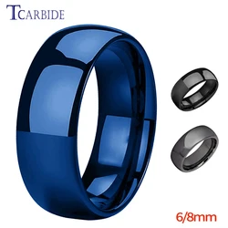 Shiny Tungsten Ring Blue Wedding Band For Men Women Domed Polished Finish 6MM 8MM Available