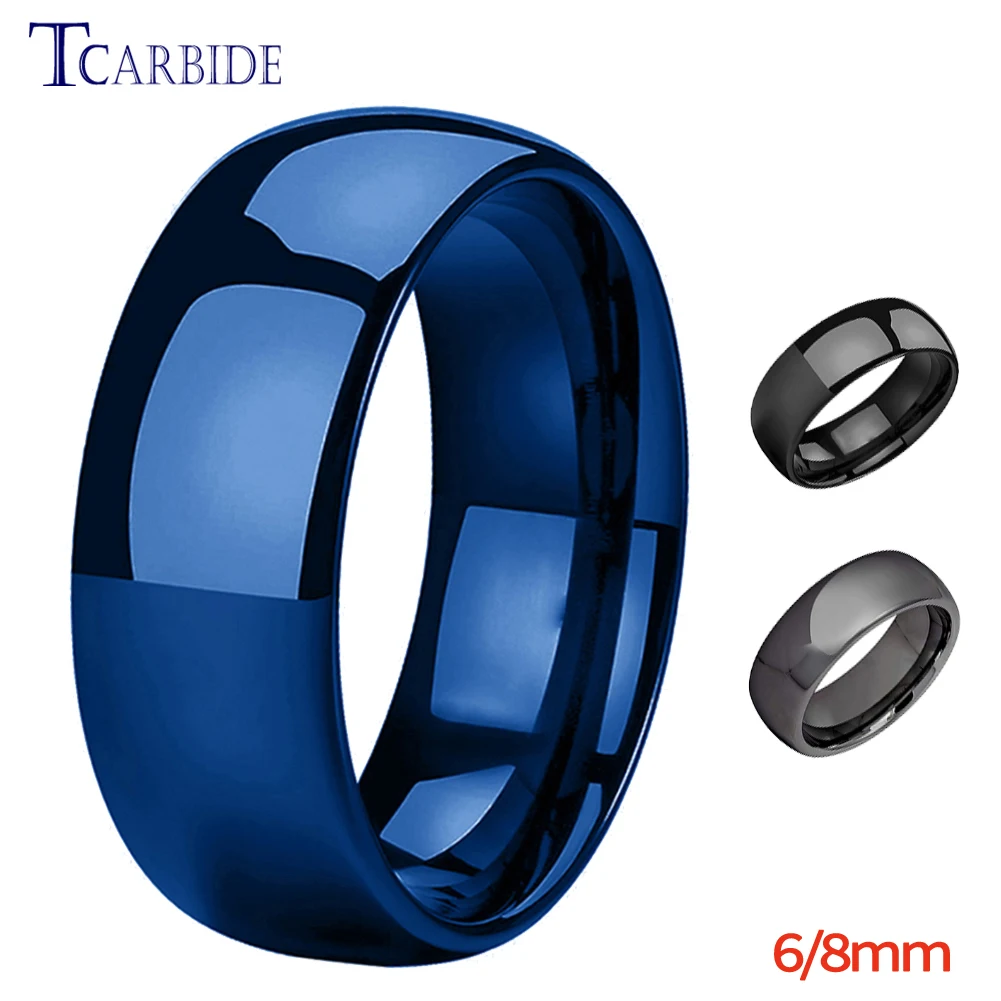 Shiny Tungsten Ring Blue Wedding Band For Men Women Domed Polished Finish 6MM 8MM Available