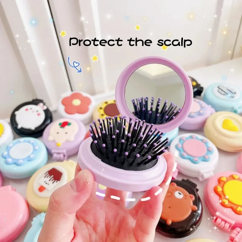 Hot Sale Pink Portable Mini Round Hair Comb Mirror Pocket Small Size Traveling Massage Folding Hair Comb for Baby Hair Brushes