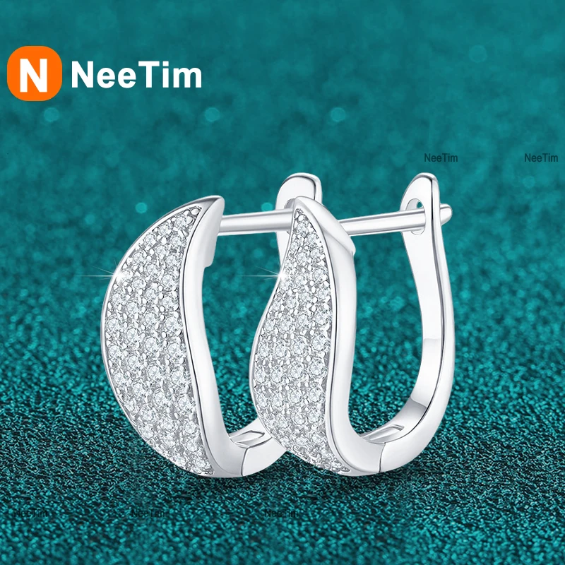 

NeeTim All Moissanite Huggie Hoop Earrings 925 Sterling Sliver with Gold Plated Earring for Women Wedding Engagement Jewelry