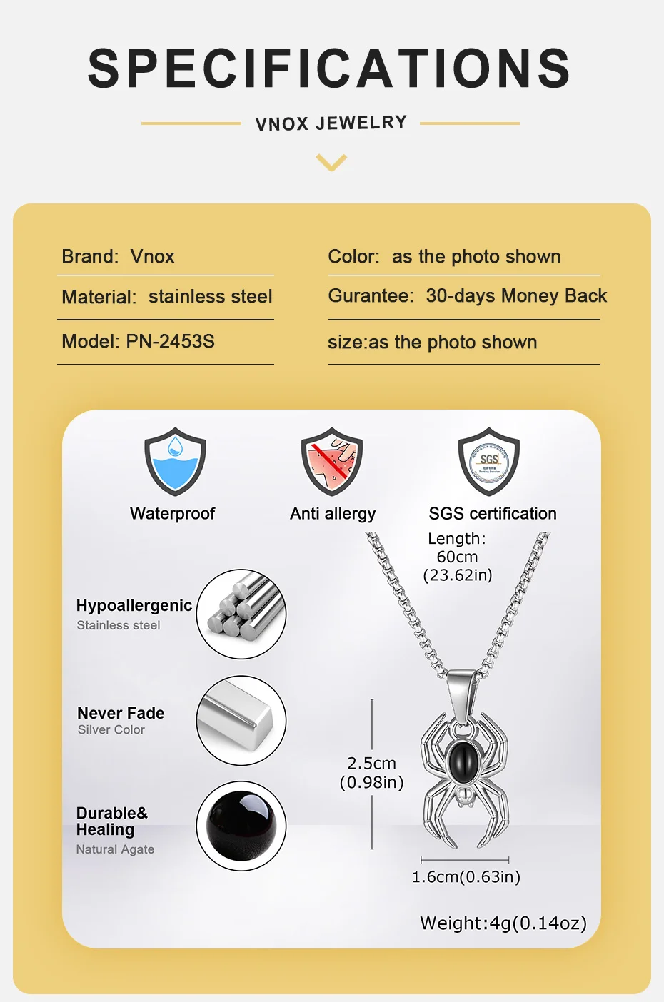 Vnox Spinnen-Anhänger Halskette für Männer, Edelstahl mit natürlichem schwarzem Achatstein, Tier-Halskette, Punk-Gothic-Schmuck Geschenk – Detail 4