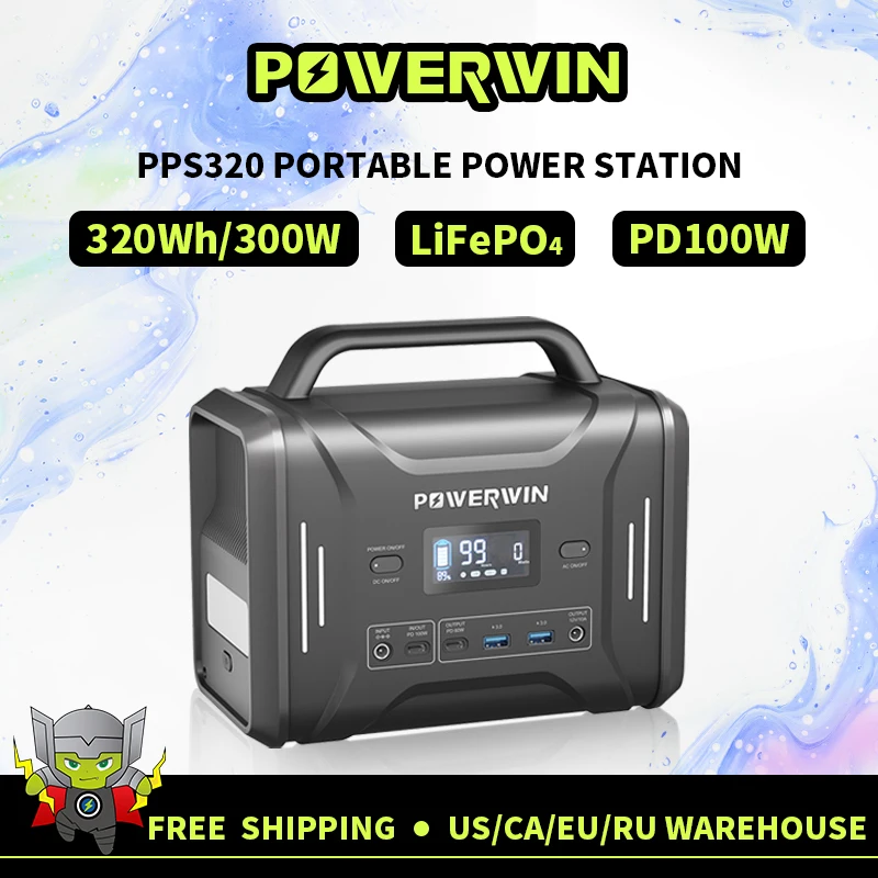 Powerwin Estação de Energia Portátil 320wh Pps320 Gerador Solar 300w Lifepo4 Bateria Pd100w Carga Rápida Caldeira a Gás Acampamento Pesca Inversor