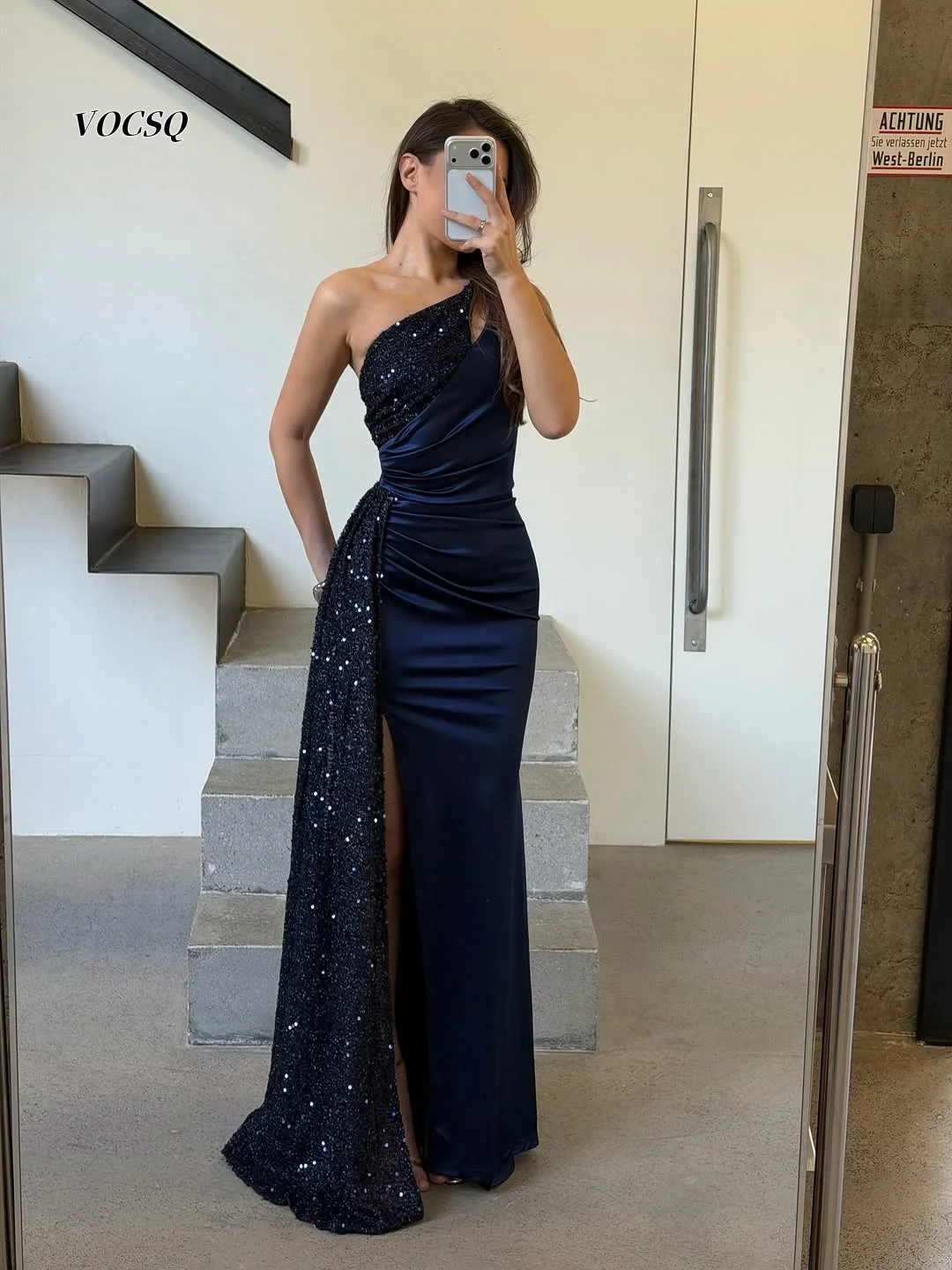 Prom Dress Navy Satin Sequin Patchwork Mermaid Maxi Dress One Shoulder Side Split Lace Up Back Gala Party Gown Customized