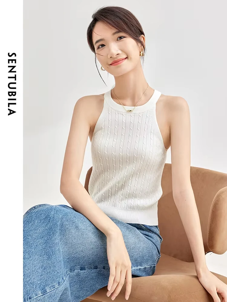 SENTUBILA Women\'s Halter Vest Spring Autumn New Knitted Slim Sexy Fashion Pullover Solid Versatile Tops Woman Clothing W33I52187