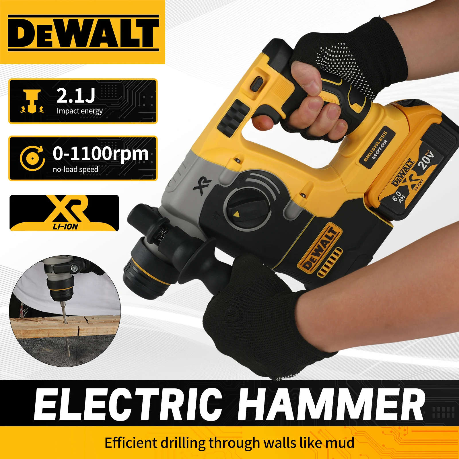 DEWALT DCH273 Brushless Rotary Hammer 20V With 6.0Ah Battery 2.1J Impact Energy Handle Concrete Brick Stone Drilling Power tools