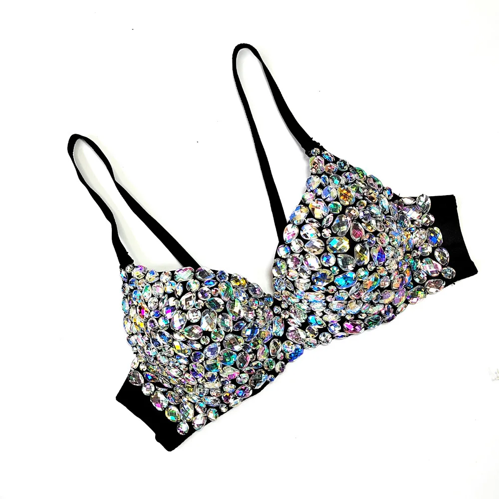 Sexy bunte Diamant Perlen Bauchtanz BH Body Sculpting Korsett ultra-kurze große rücken freie Bühnen performance Damen Top Club