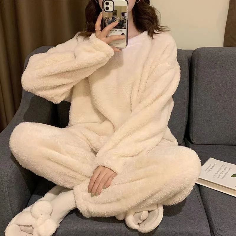 Plus Size Women's Long-Sleeved Flannel Pajama and Pants Set, Loose, Thick Suit Oversize, Large Size, Warm Outdoor Clothes,Winter