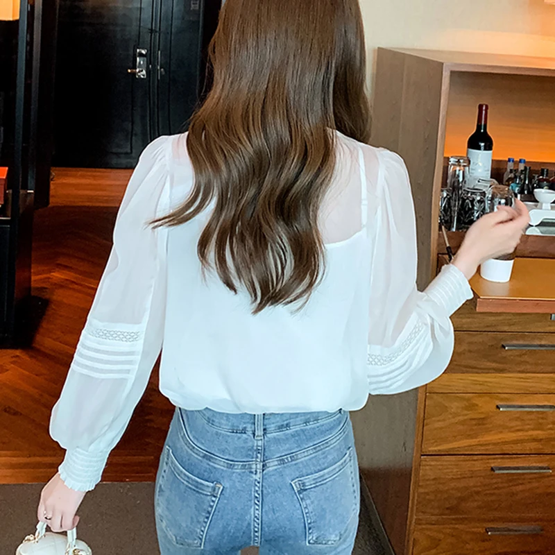 Malha transparente oco para fora camisas ol feminino lanterna manga blusa branca feminina 2025 nova primavera outono elegante camisas de renda feminina