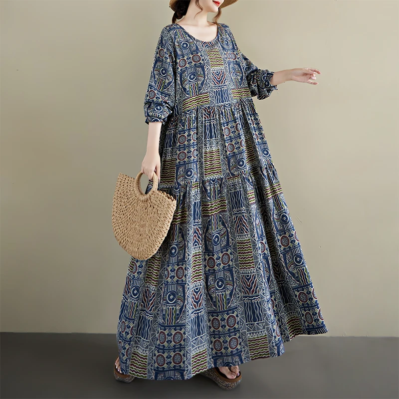 

Платье макси с богемным принтом, круглым вырезом, длинными рукавами, свободного кроя, женское, хлопковое, для прогулок по городу, для женщин среднего возраста