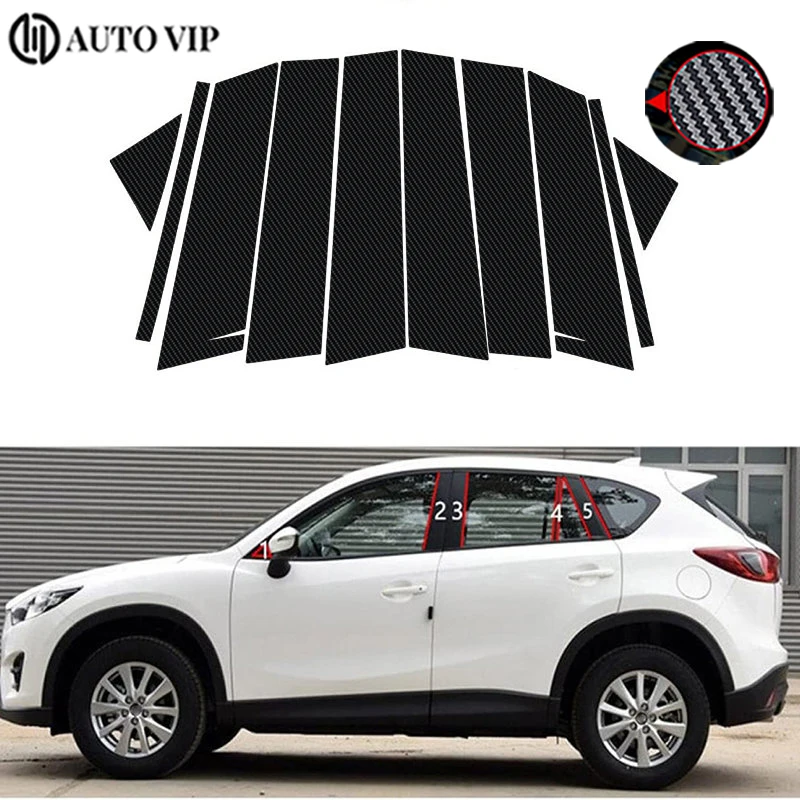 10Pcs Door Window Pillar Posts Trim Covers Black Decoration Sticker Exterior Part for Mazda 6 Sedan Pre-facelift fibre 2003-2007