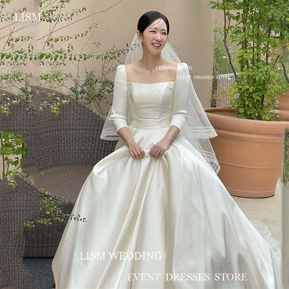 LISM abiti da sposa in raso semplice corea donna colletto quadrato maniche lunghe lunghezza del pavimento abiti da sposa formali con velo servizio fotografico