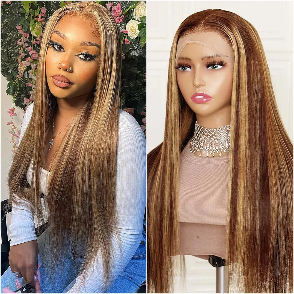

Highlight Straight 13x6 HD Lace Frontal Wig 200% Density 4/27 Honey Blonde 13x4 Transparent Lace Front Human Hair Wigs For Women