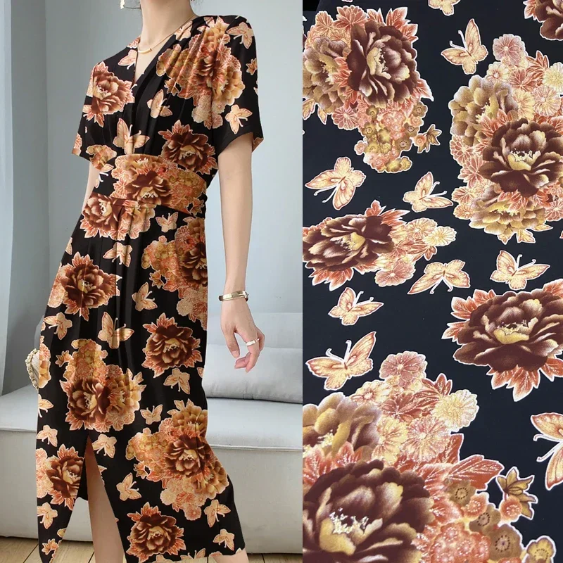 

140CM Wide 25MM Golden Rose Print Black Heavy Silk Fabric for Summer Spring Blouse Dress Cheongsam DIY Sewing Material D1212