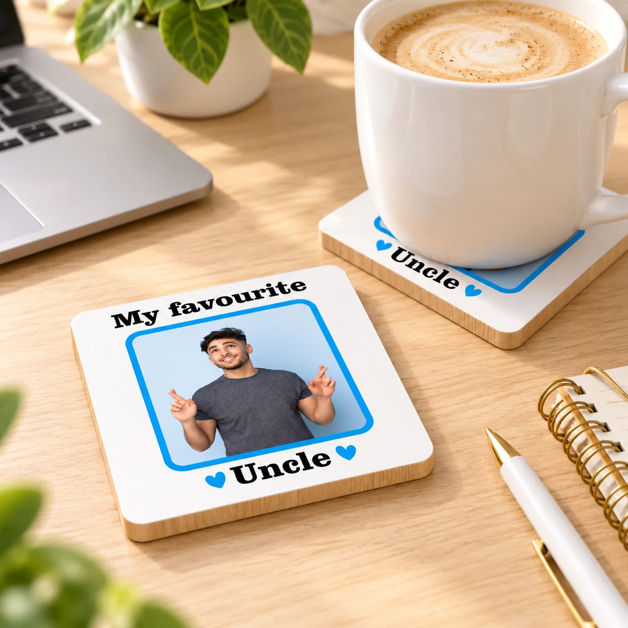 Posavasos de madera con foto personalizada: posavasos cuadrado de madera con nombre y foto, impreso con diseño de taza de café; regalo de cumpleaños y Navidad