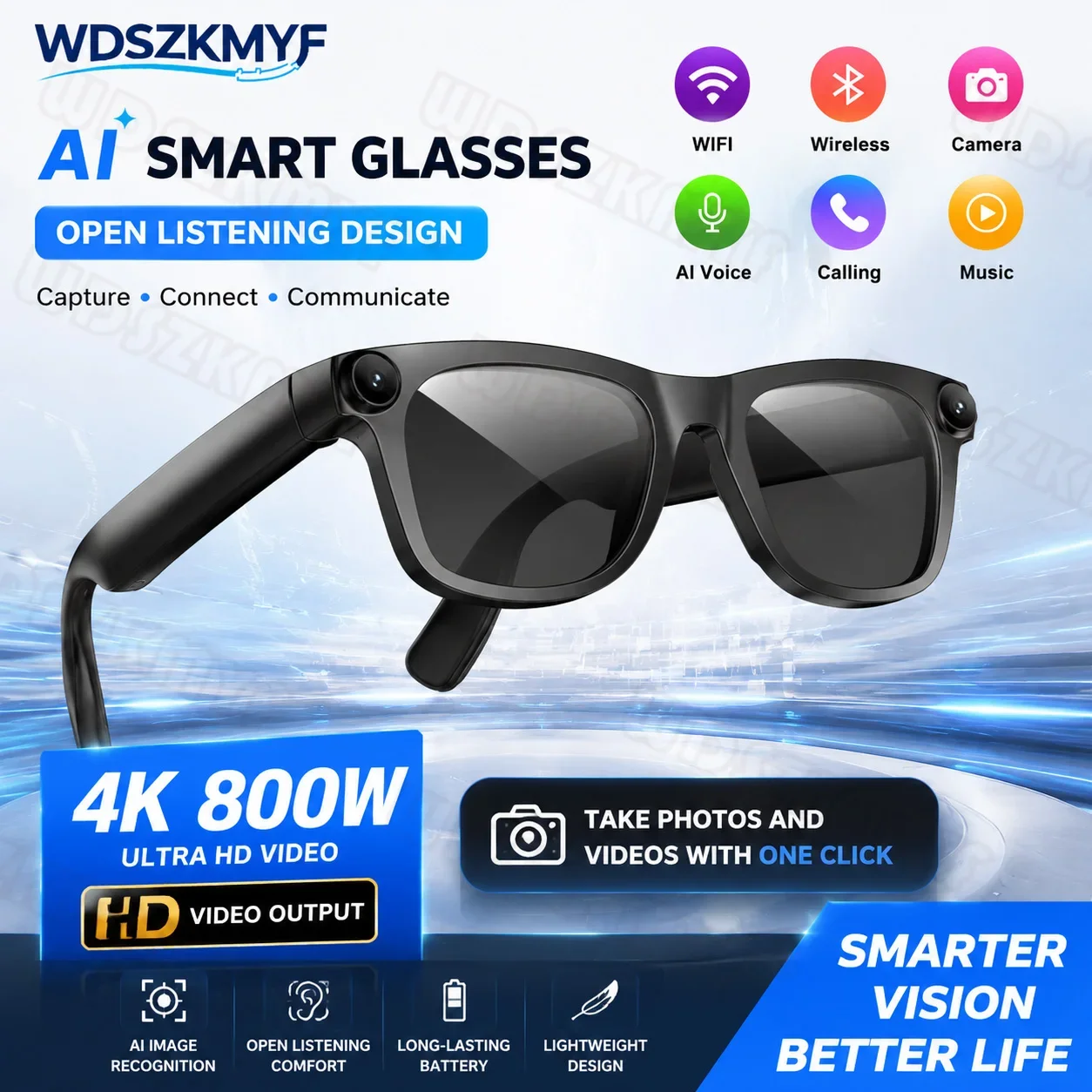 新型800w-4kカメラ搭載スマートaiメガネ、動画撮影、写真認識、ai音声翻訳、bluetooth通話録音、ミニカメラ