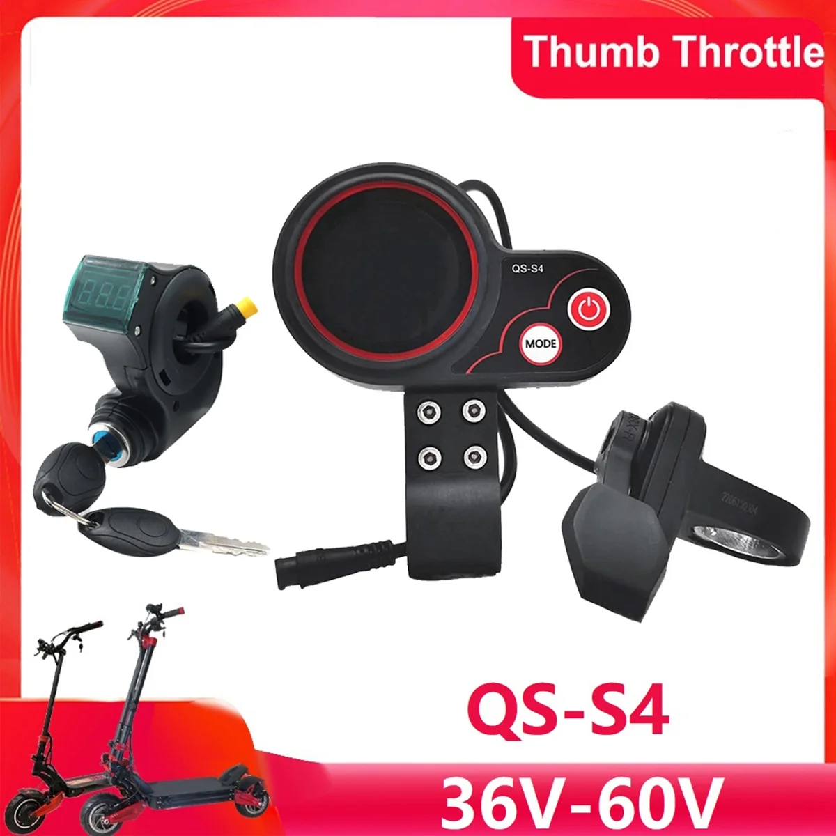 QS-S4 36V-60V Thumb Throttle LCD Display Kit+3PIN Ignition Lock Key for Zero 8 9 10 8X 10X Electric Scooter 6PIN Display