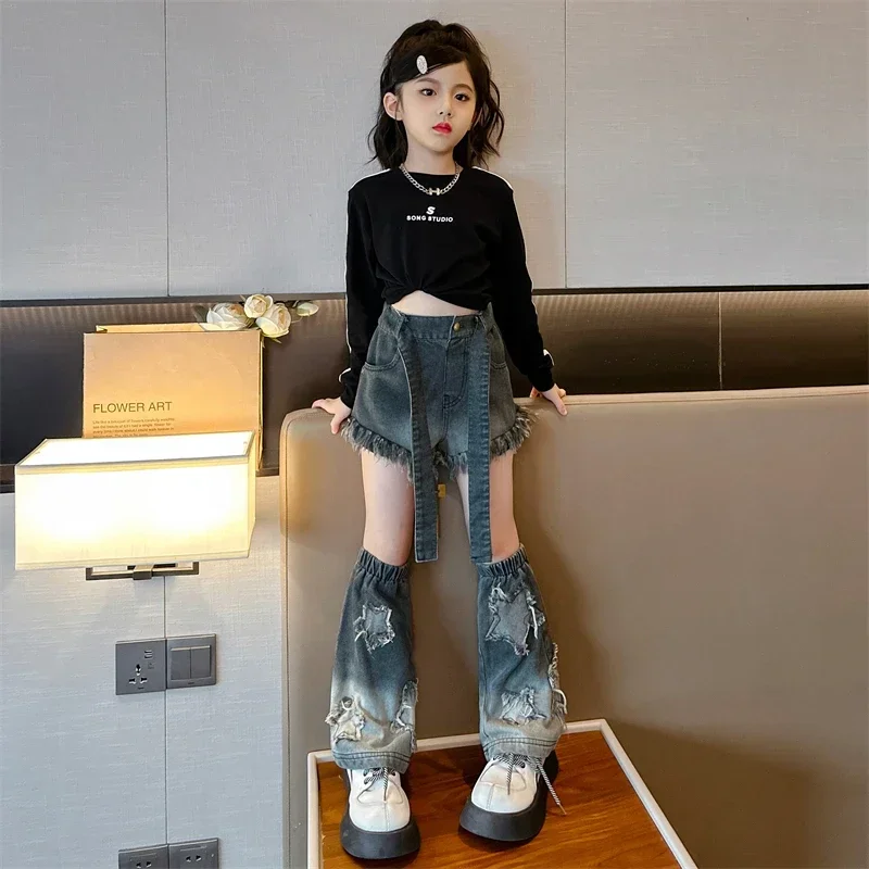 Chic Girl Children Clothing Girls Jeans Design Two Cut Split Pants Denim Ribbon Tassels Shorts Stars Pants Suit for 5-14Yrs Girl