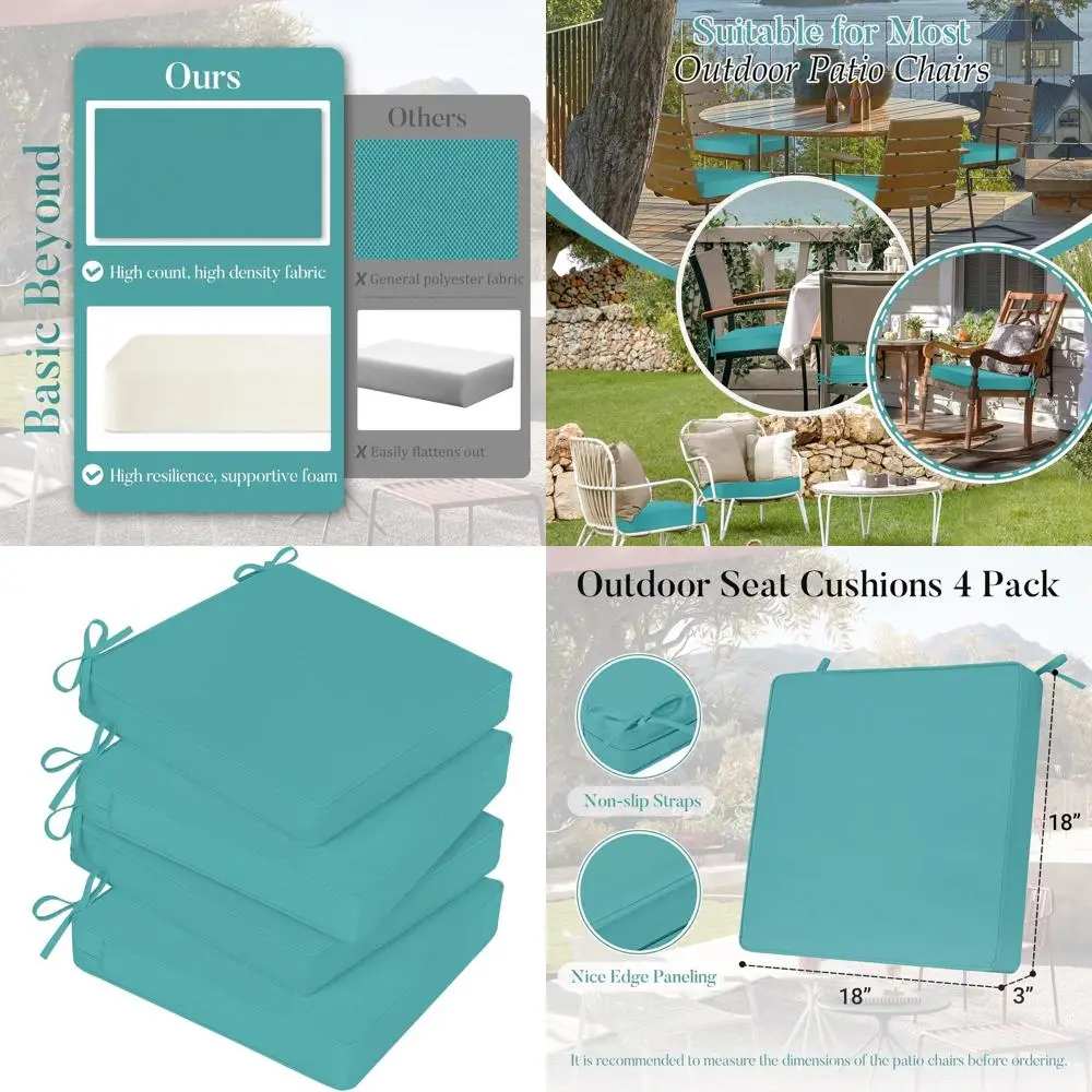 

Set of 4 Teal Waterproof Patio Chair Cushions, 18x18 Inches with Ties and Handle