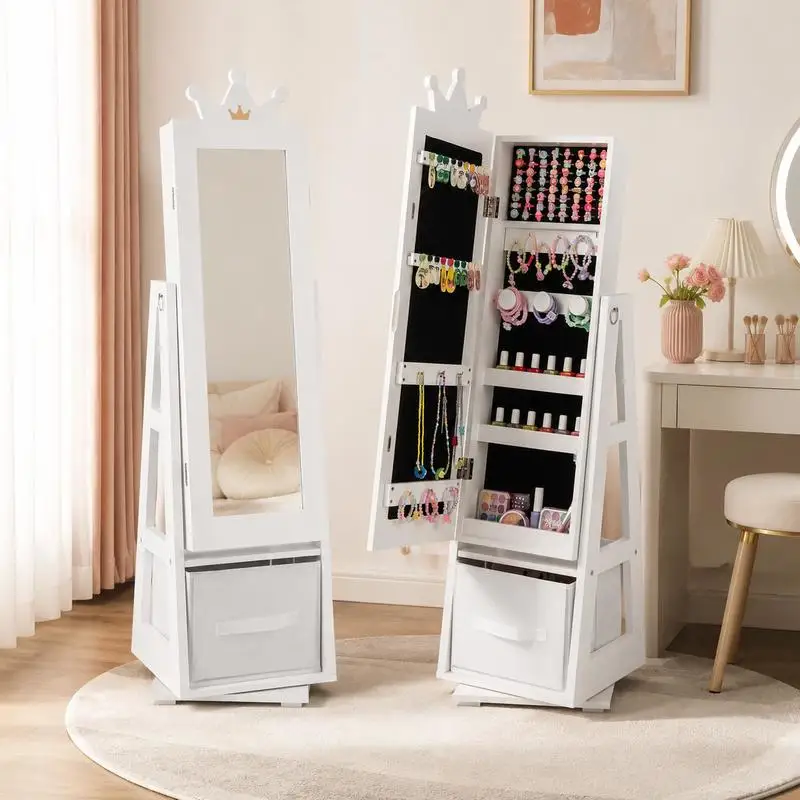 Armoire à bijoux pour enfants avec miroir sur toute la longueur et base pivotante, organisateur de rangement de grande capacité pour chambre de fille, finition en bois blanc