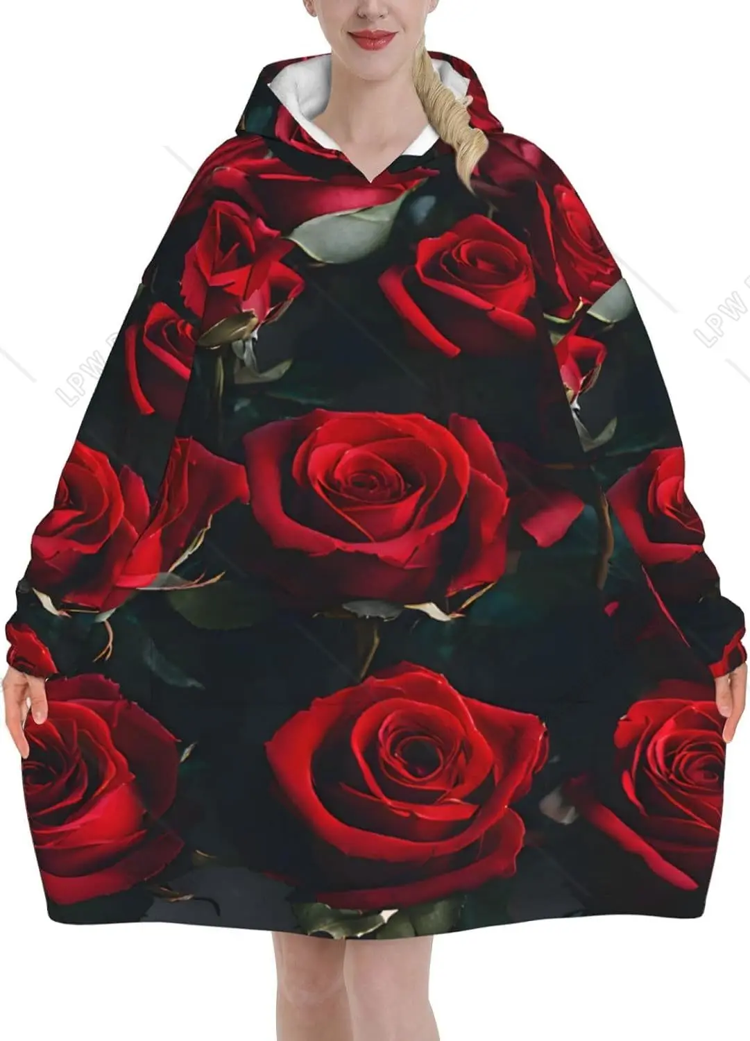 

Red Black Rose Wearable Blanket Hoodie For Adult Soft Warm Blanket Flannel Hooded Sweatshirt With Pocket