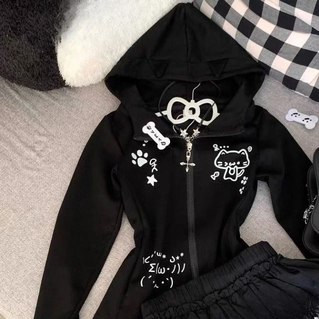 Japanese Casual Cartoon Print Cat's Ears Hoodies Zippers Preppy Style Sweatshirts Women 2025 Aesthetic Vintage Hoody Long Sleeve