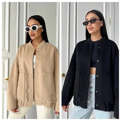 Loose Bomber Jackets Women Autumn Winter Casual Terry Pockets Long Sleeve Tops Fashion Streetwear Chic Female Baseball Coat