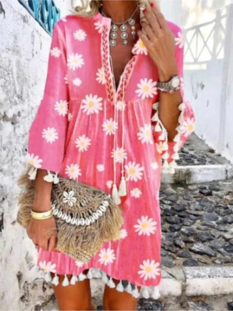 Women's Mini Dress Daisy Fashion Print Sexy V Neck Bell Sleeves Three Quarter Sleeves 2024 Bohemian Loose Casual Tassel Dress