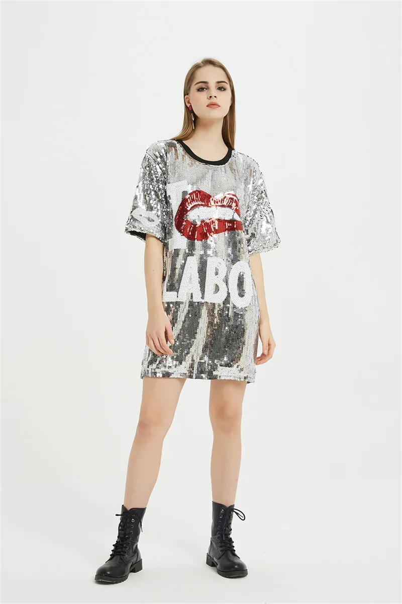  Summer Letter Print Short Sleeve Loose Design Women's Wear Sequins Round Neck Streetwear Night Club Hip Hop T-Shirt