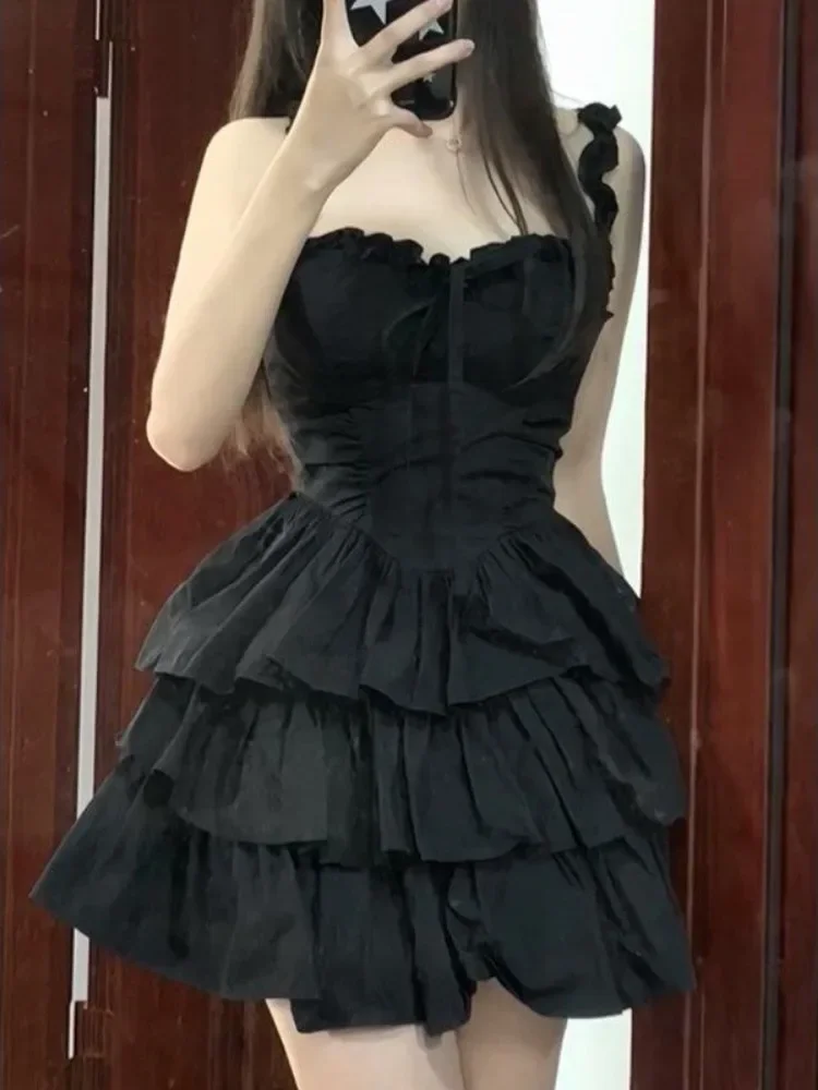 Black Cute Ruffles Dress Gothic Hrajuku Goth Lolita Kawaii Dress Soft Girl Y2k Fashion Spaghetti Straps Cake Party Short Dresses