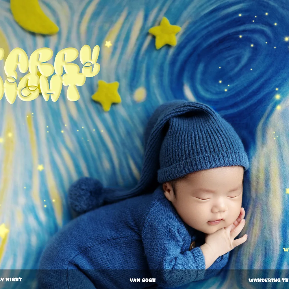 Famous Painting Starry Night Baby Photoshoot Background Baby Costume Knitted Long-Sleeved Jumpsuit+Long Tail Hat Photography Set