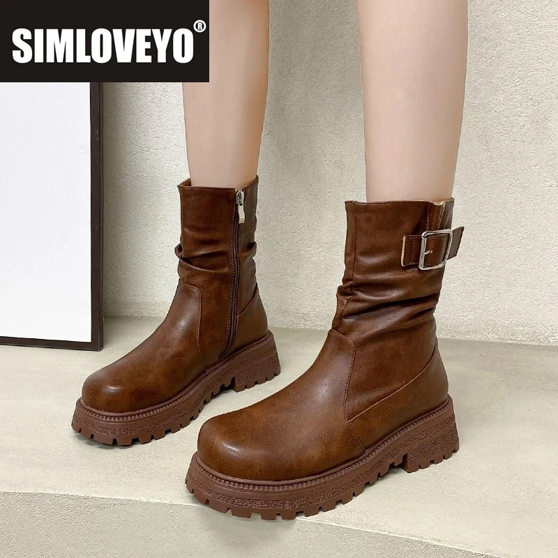 

SIMLOVEYO 2026 Женские ботильоны с круглым носком на массивном каблуке 4,5 см, платформа, молния, пряжка ремня, маленький размер 31, 32, 33, повседневная повседневная обувь